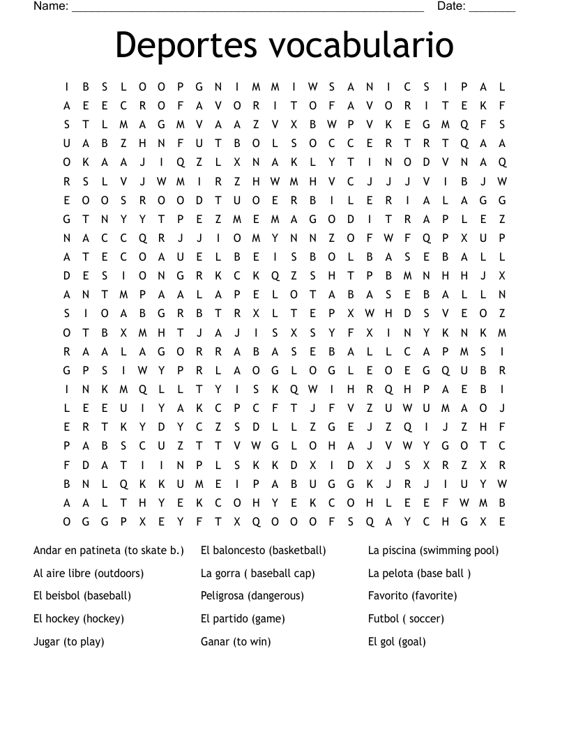 Deportes vocabulario Word Search
