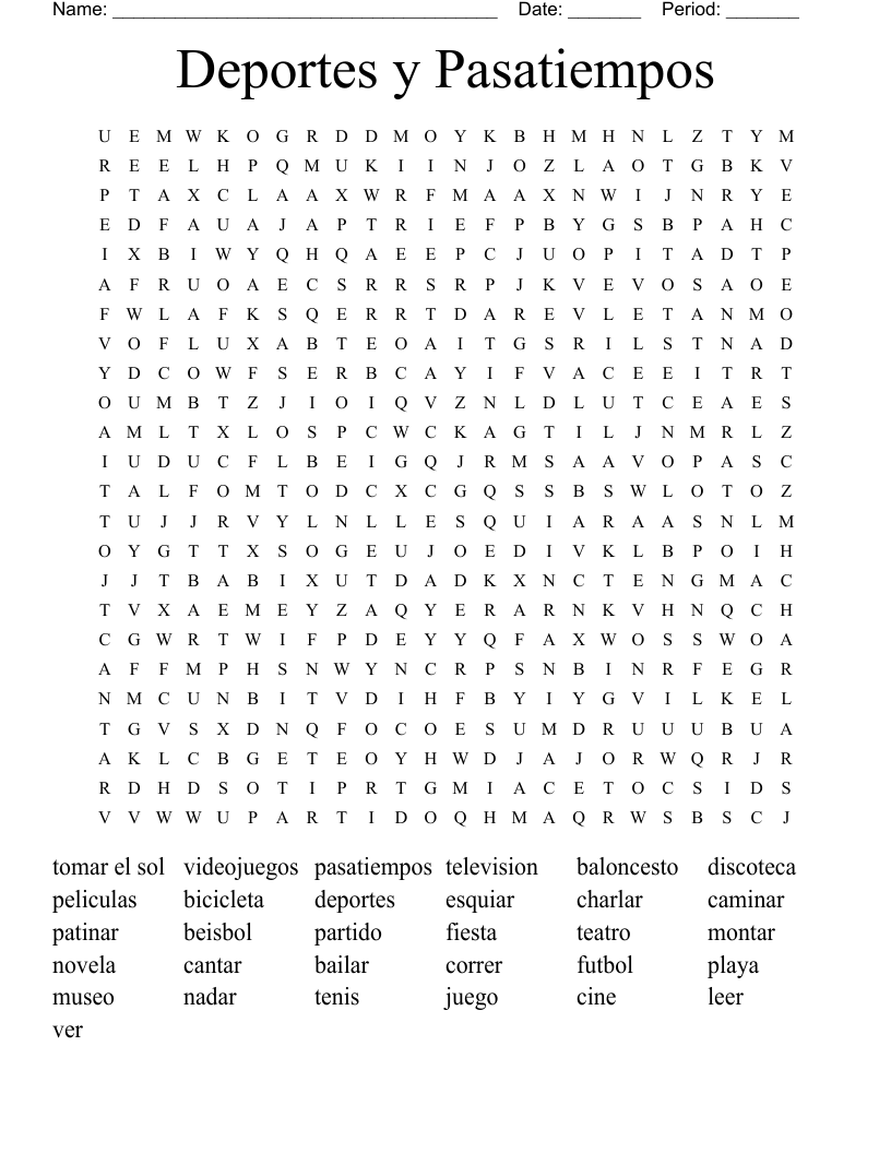 Deportes y Pasatiempos Word Search