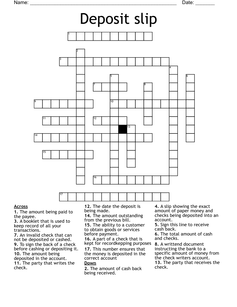 Deposit slip Crossword
