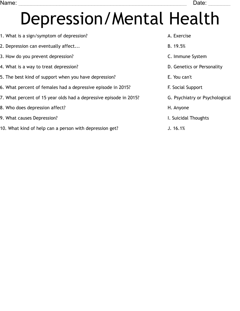 Depression/Mental Health Worksheet