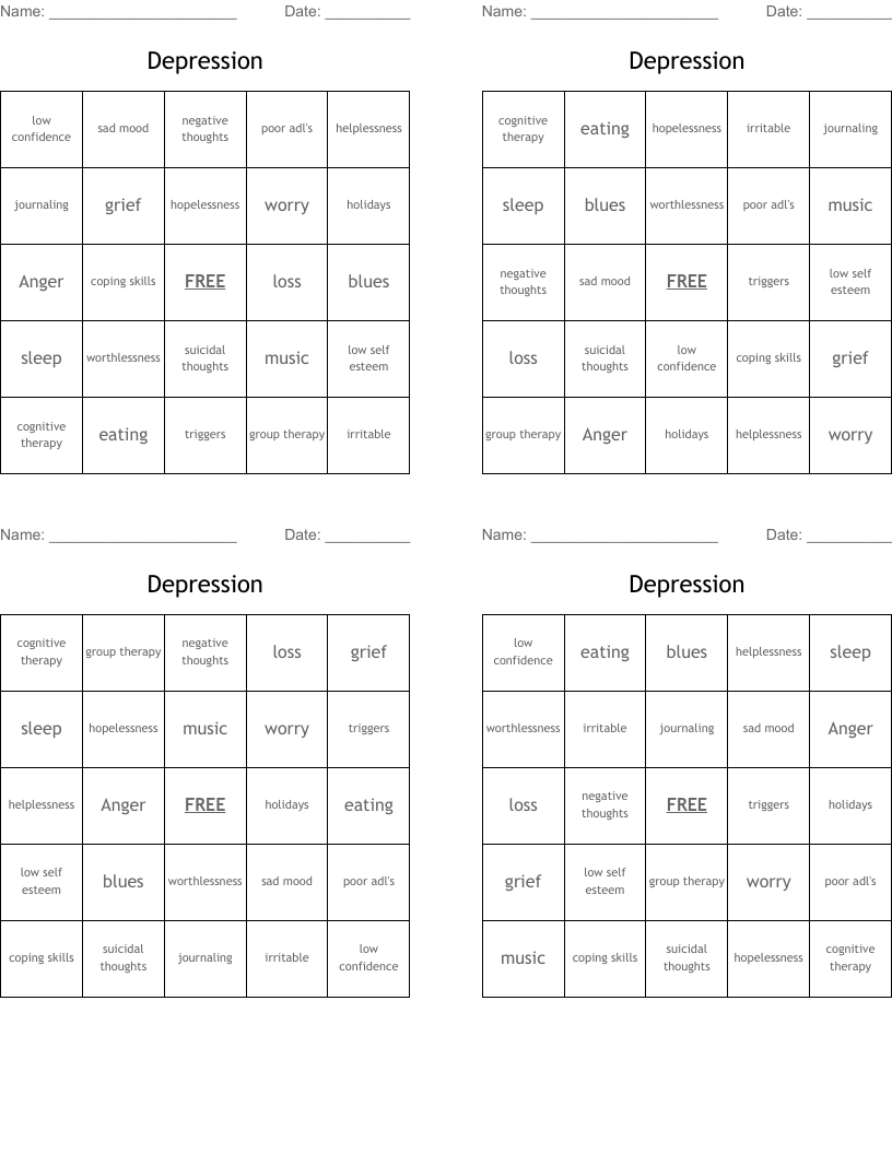 Depression Bingo Cards