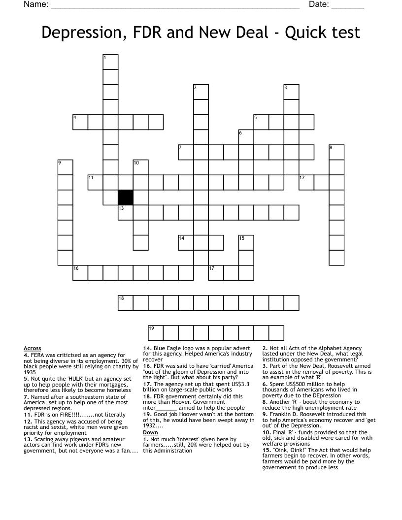 Depression, FDR and New Deal - Quick test Crossword