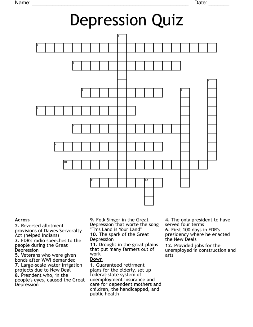 Depression Quiz Crossword
