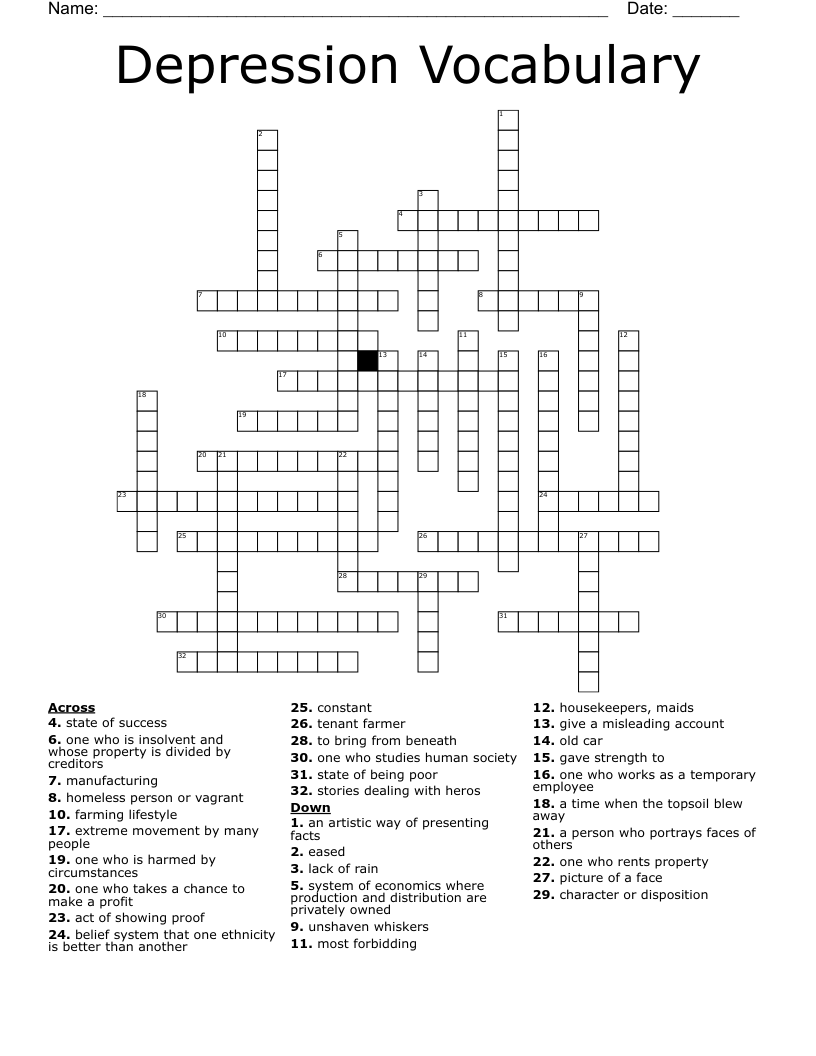 Depression Vocabulary Crossword