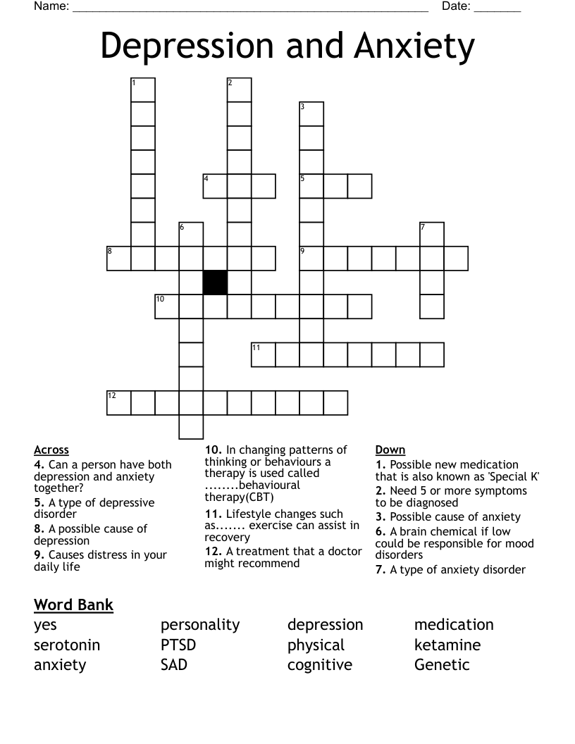 Depression and Anxiety Crossword