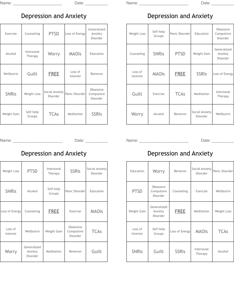 Depression and Anxiety Bingo Cards