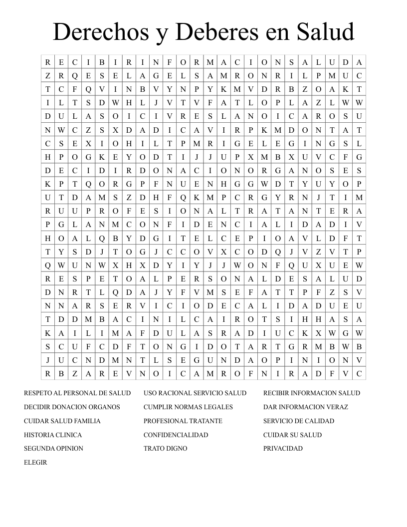 Derechos y Deberes en Salud Word Search