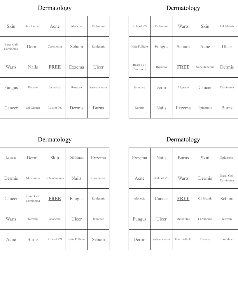 Dermatology Bingo Cards