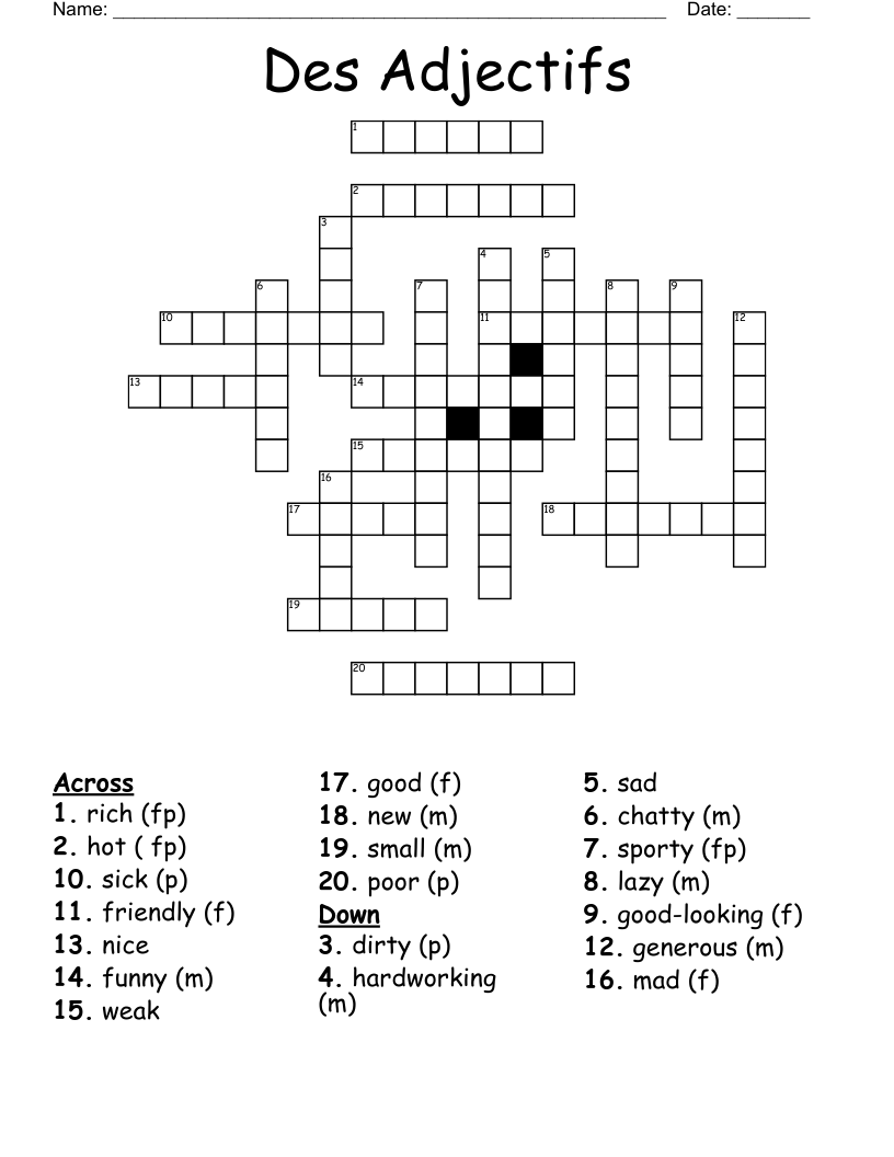 Des Adjectifs Crossword