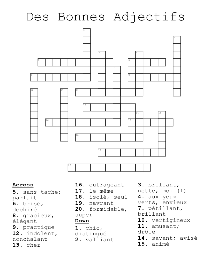 Des Bonnes Adjectifs Crossword