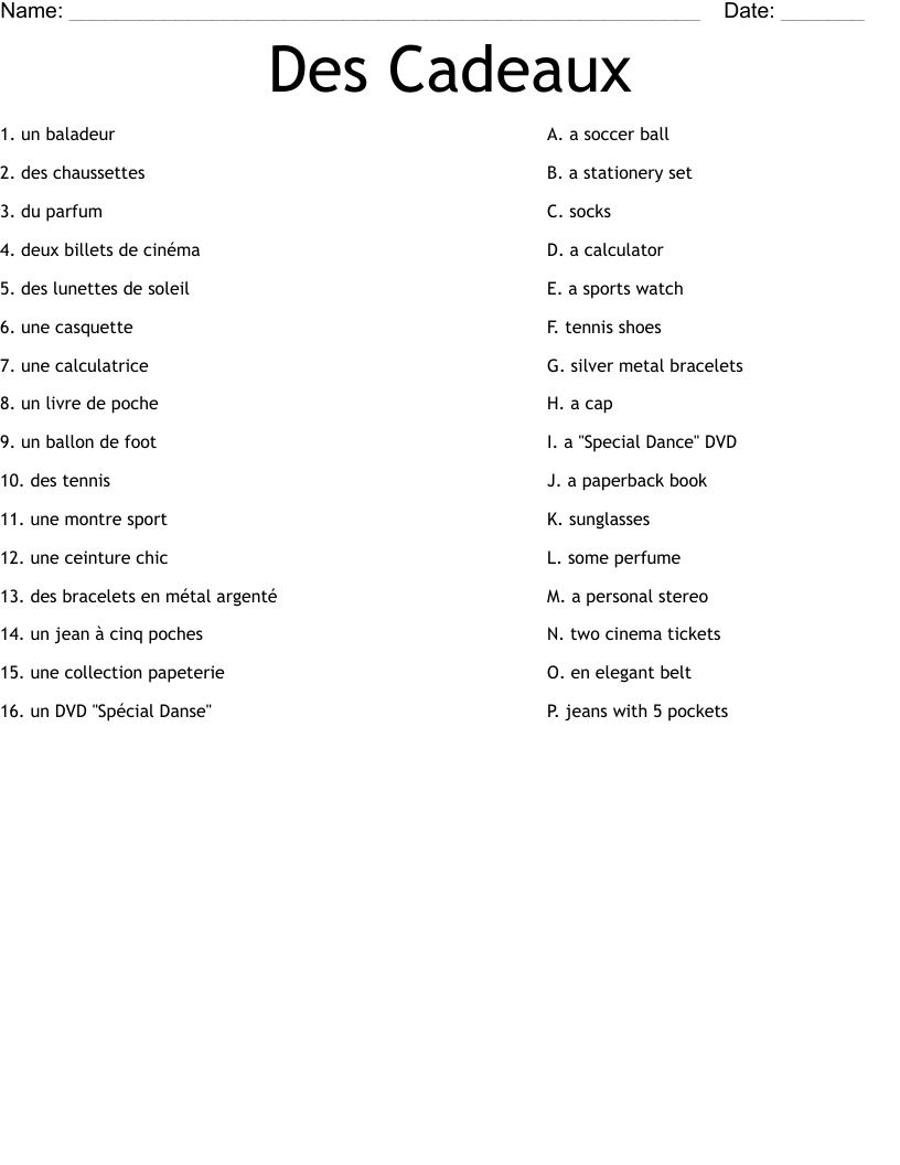 Des Cadeaux Worksheet