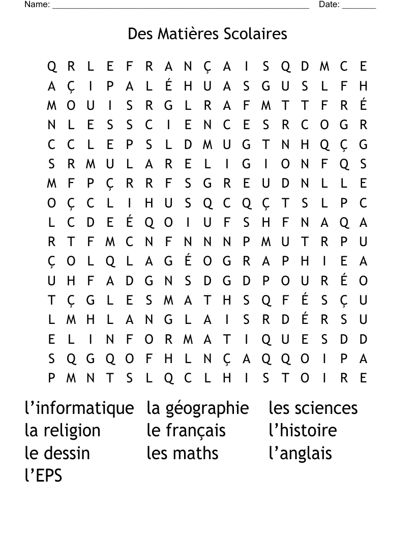Des Matières Scolaires                                    Word Search