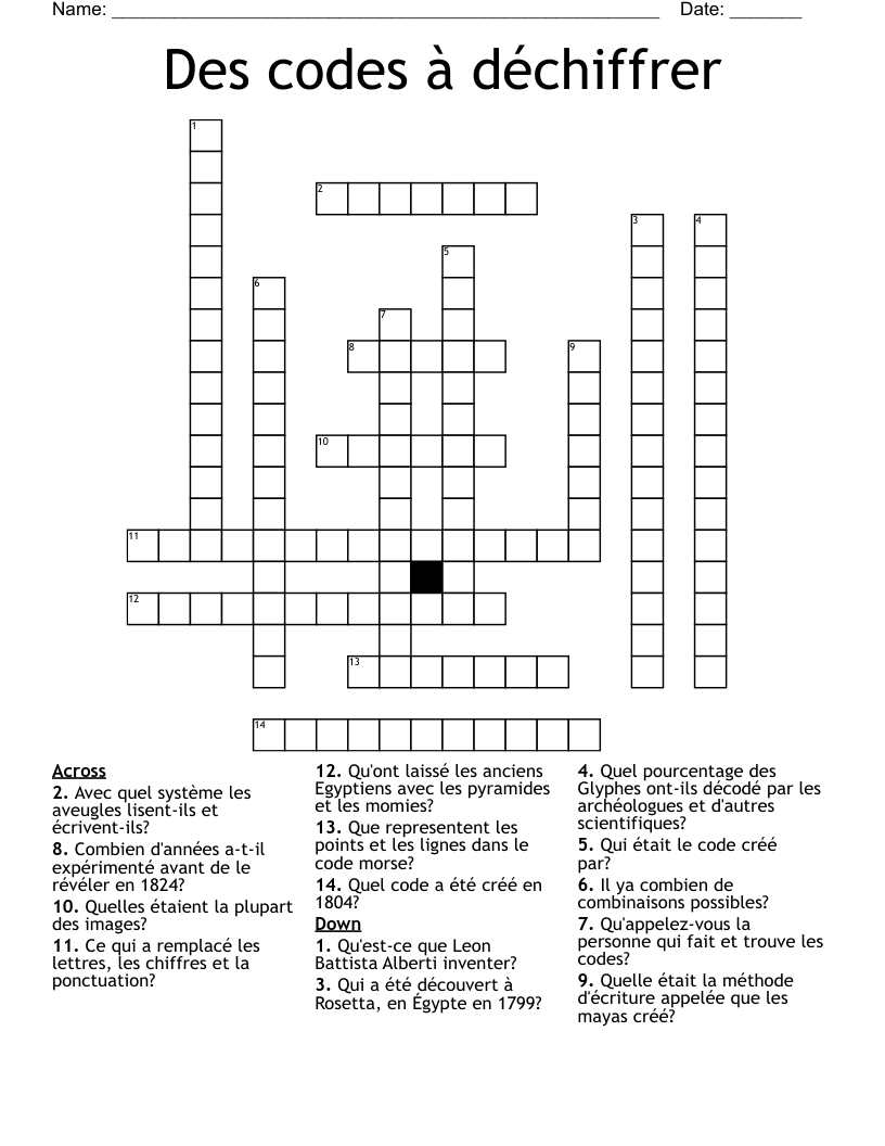 Des codes à déchiffrer Crossword