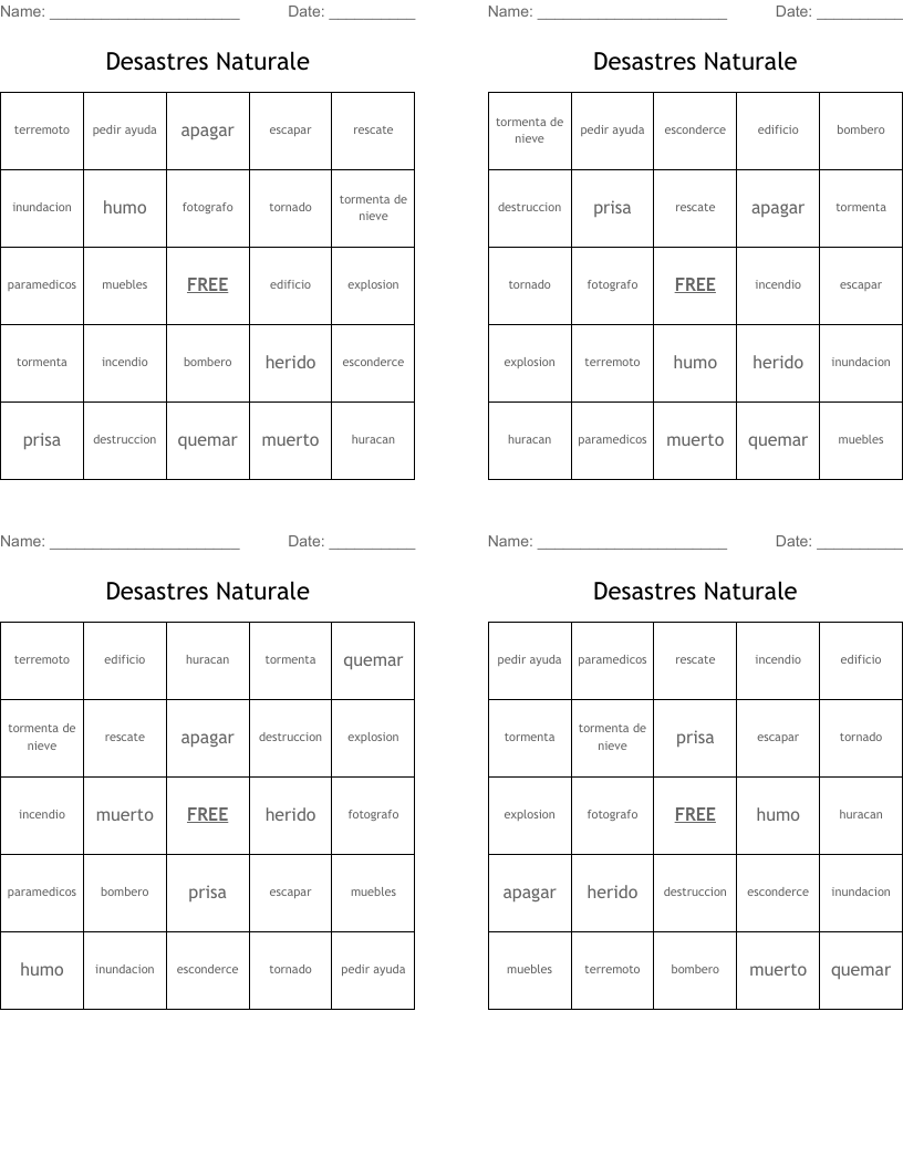 Desastres Naturale Bingo Cards