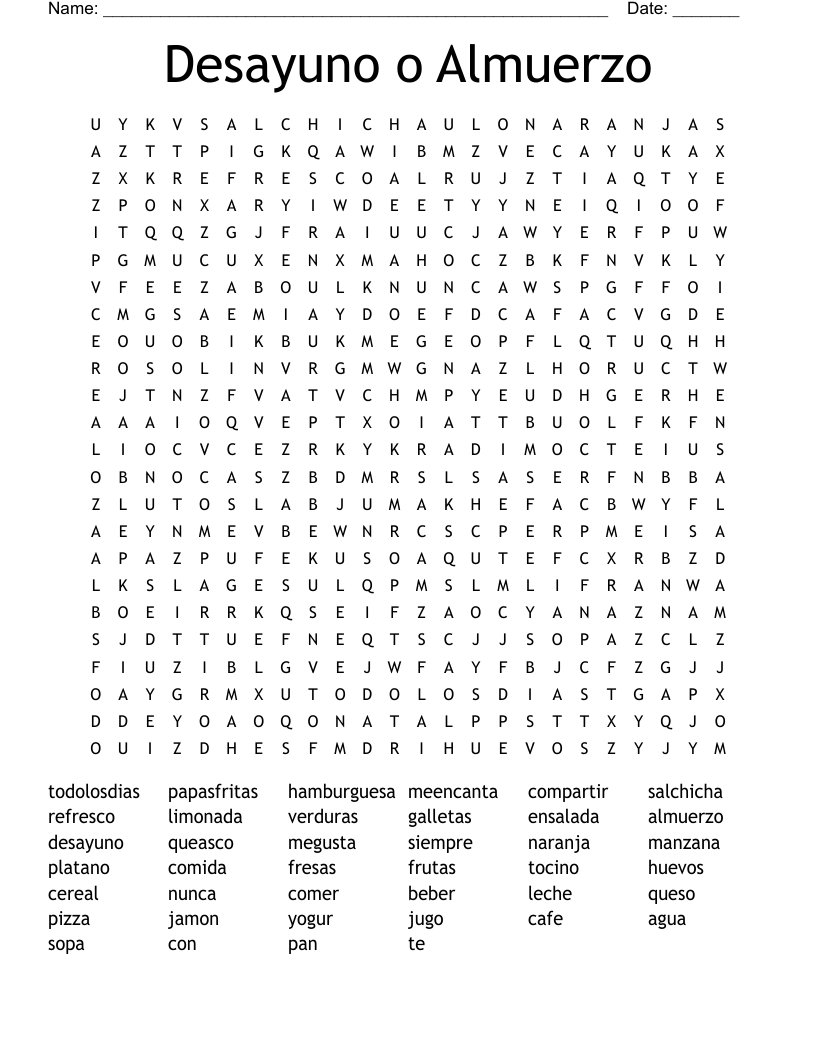 Desayuno o Almuerzo Word Search