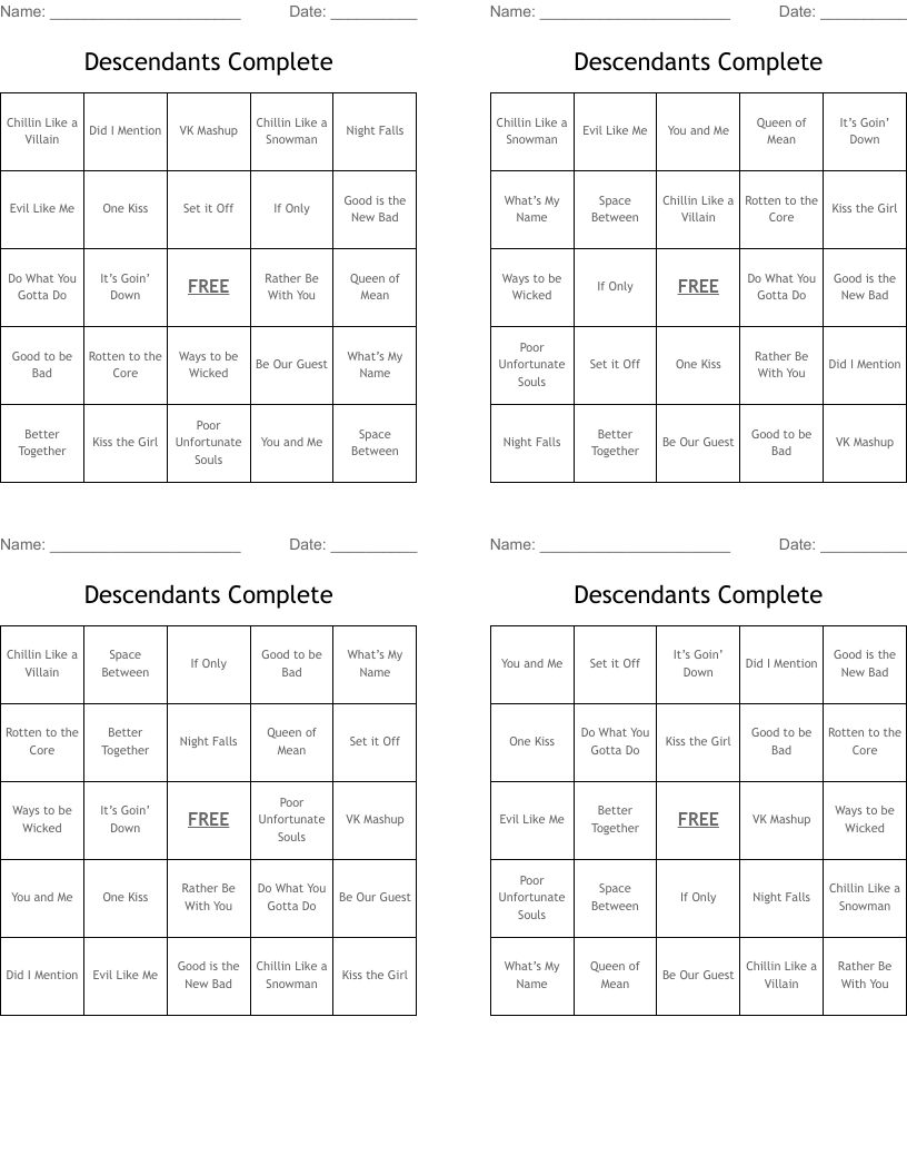 Descendants Complete Bingo Cards