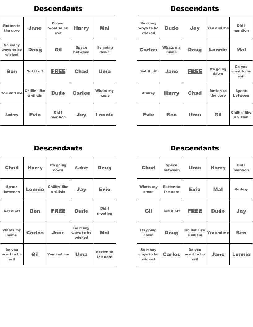 Descendants  Bingo Cards