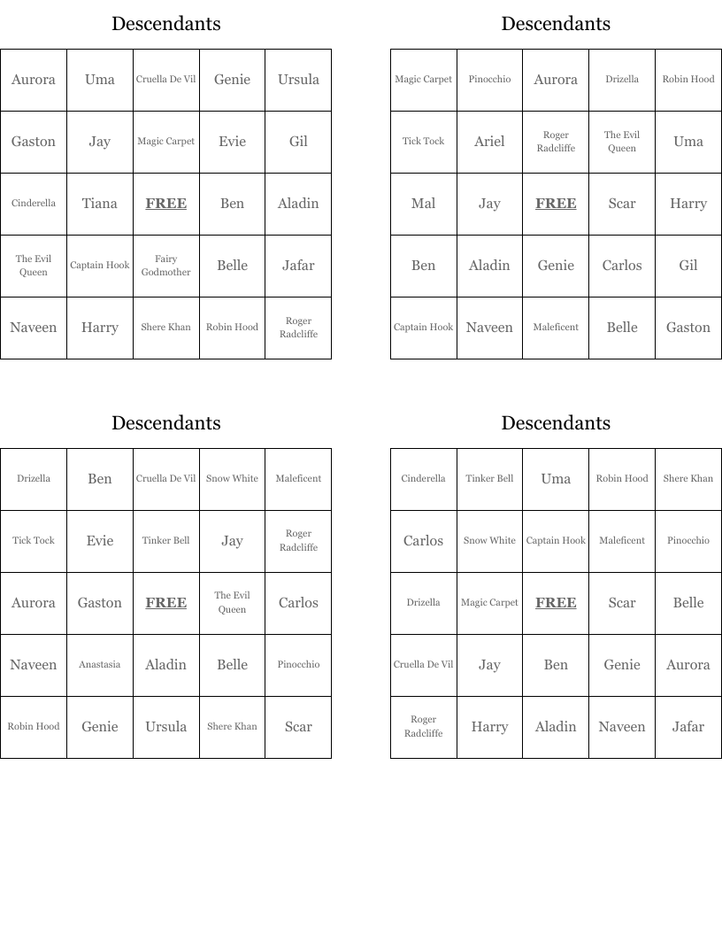 Descendants  Bingo Cards