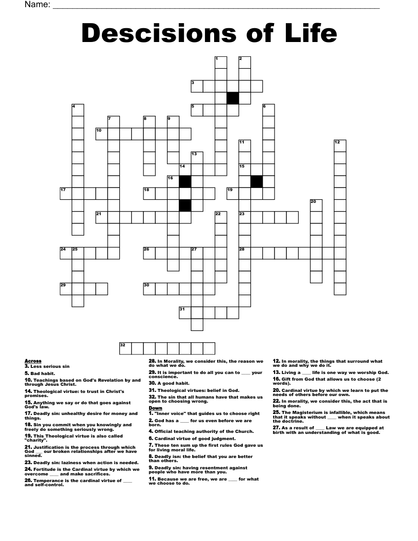 Descisions of Life Crossword
