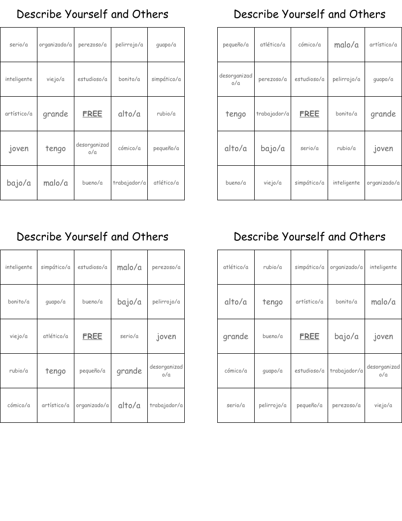 Describe Yourself and Others  Bingo Cards