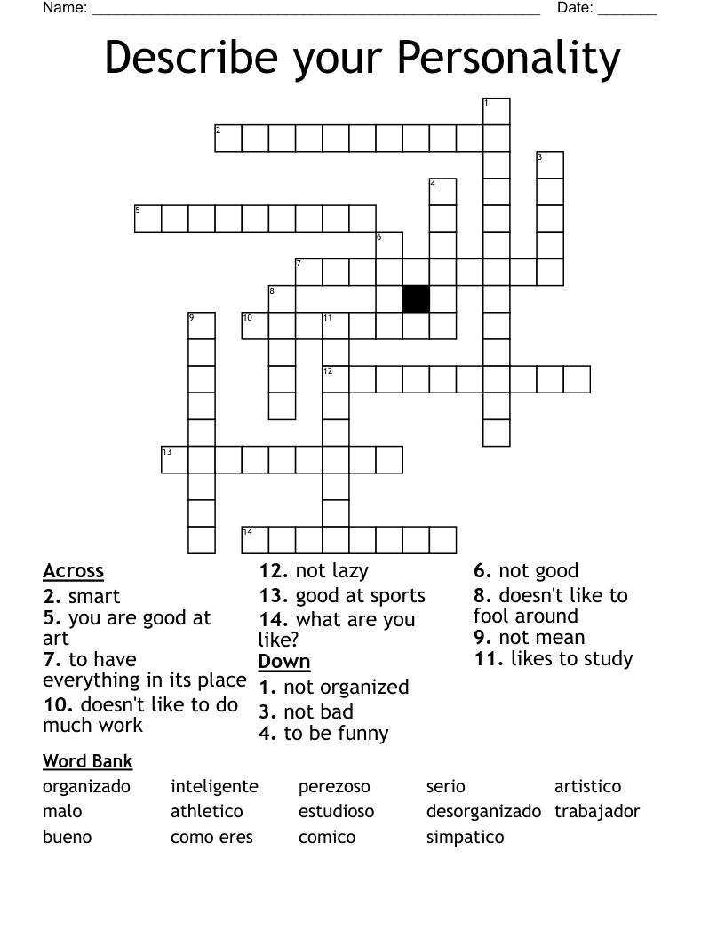 Describe your Personality Crossword
