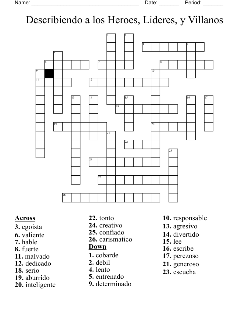 Describiendo a los Heroes, Lideres, y Villanos Crossword