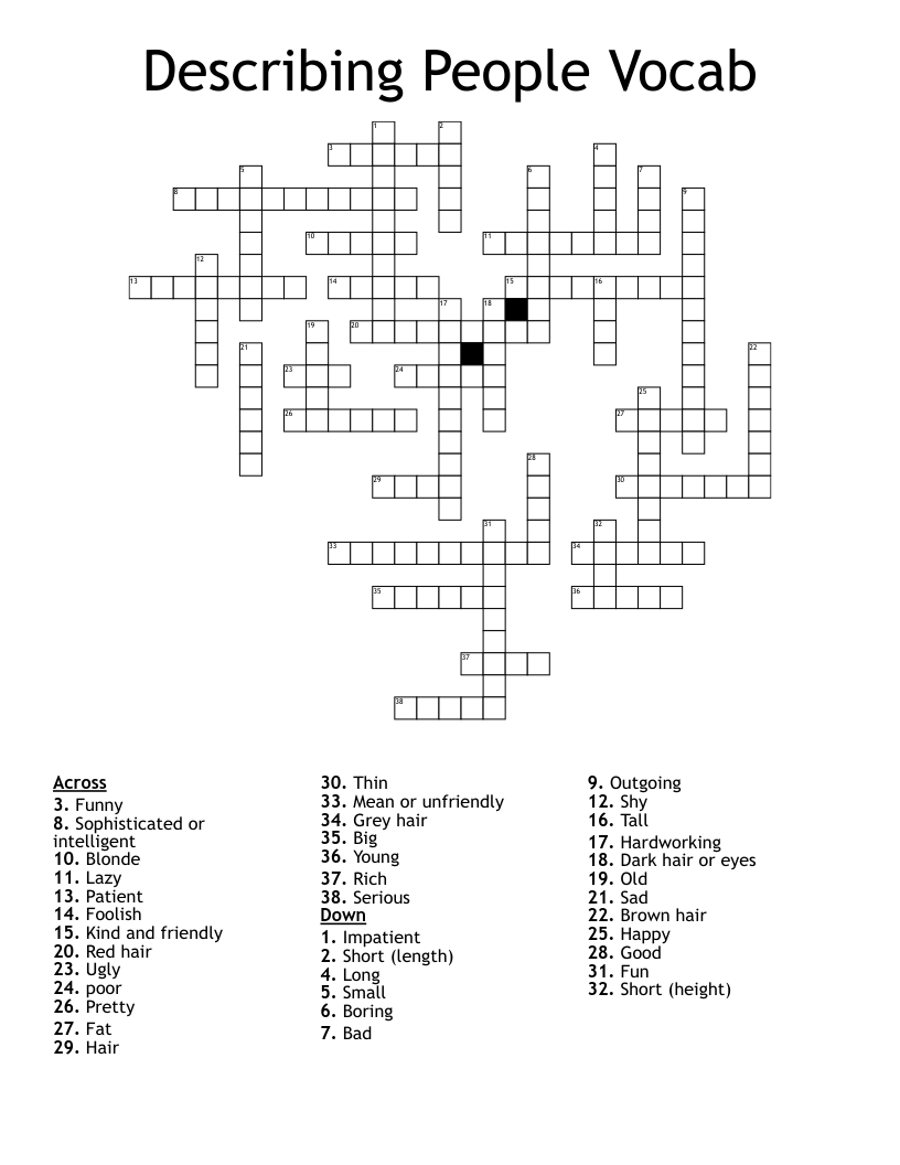 Describing People Vocab Crossword