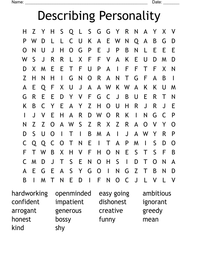 Describing Personality Word Search