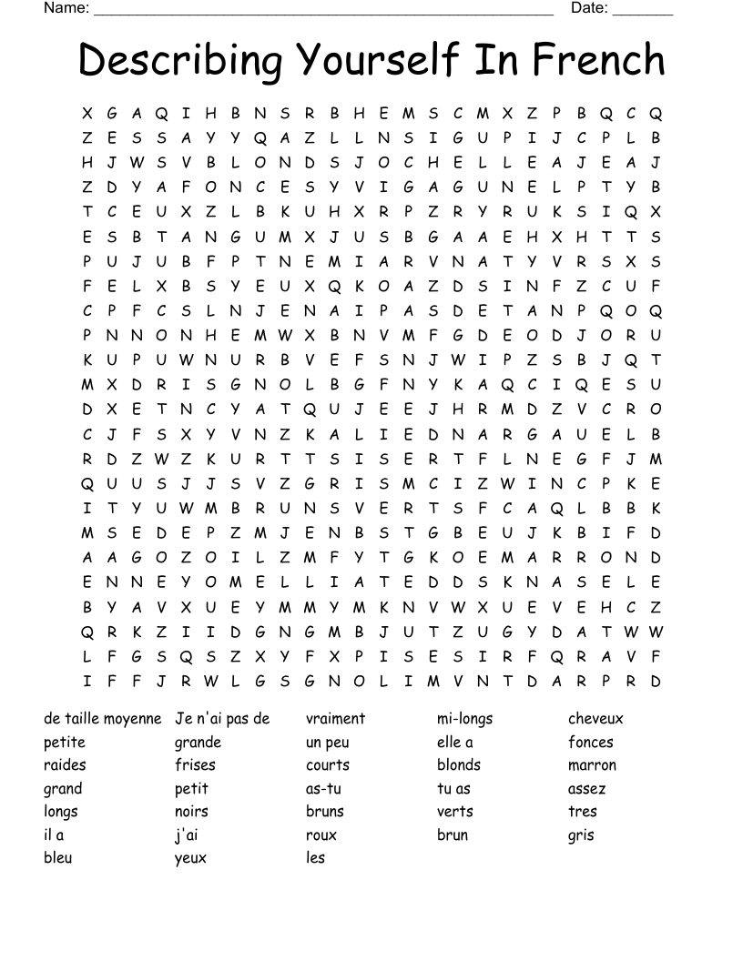 Describing Yourself In French Word Search