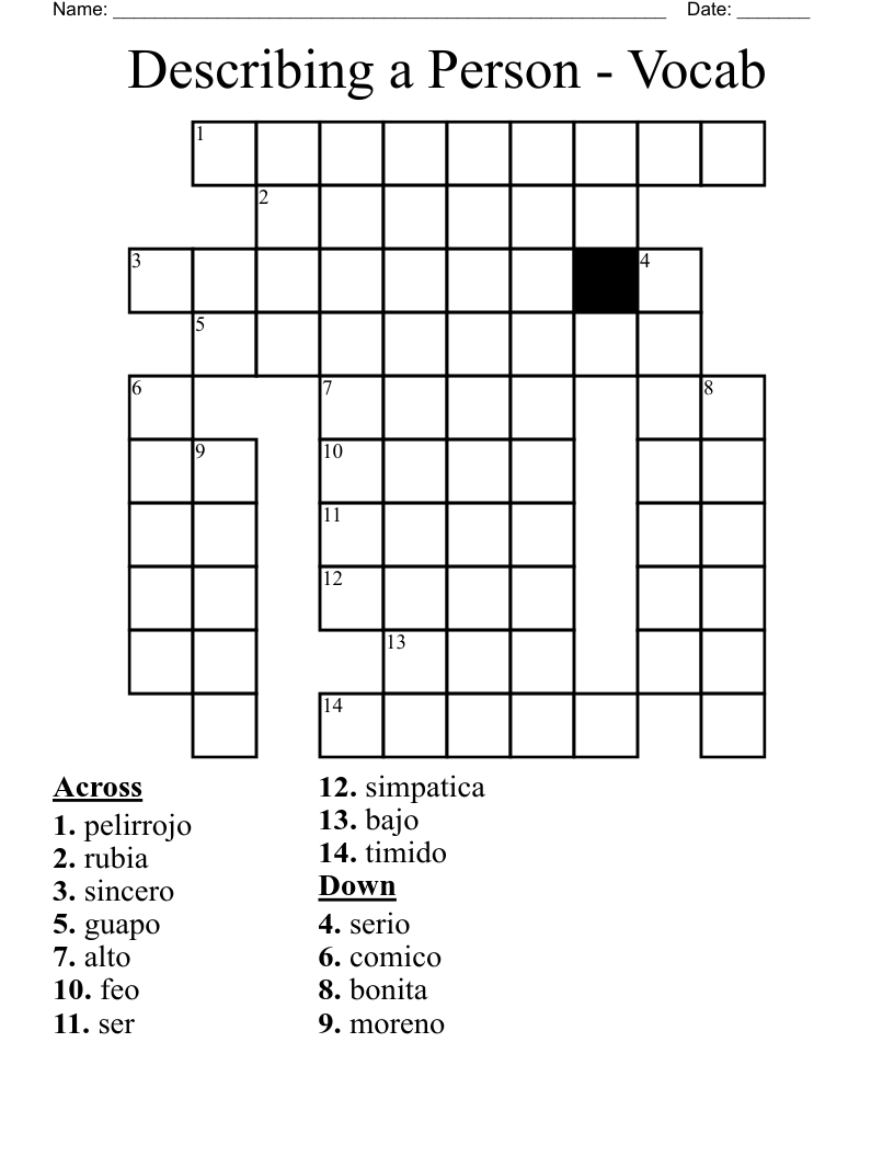 Describing a Person - Vocab Crossword