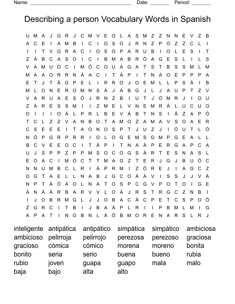 Describing a person Vocabulary Words in Spanish Word Search