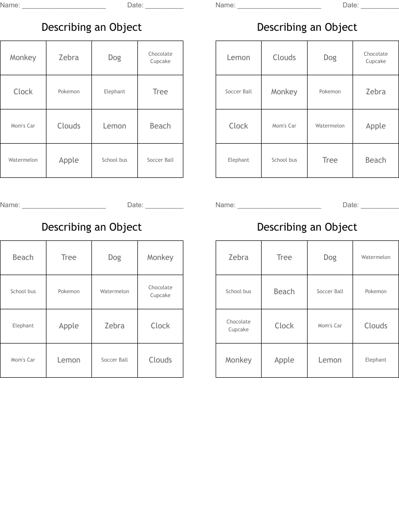Describing an Object Bingo Cards