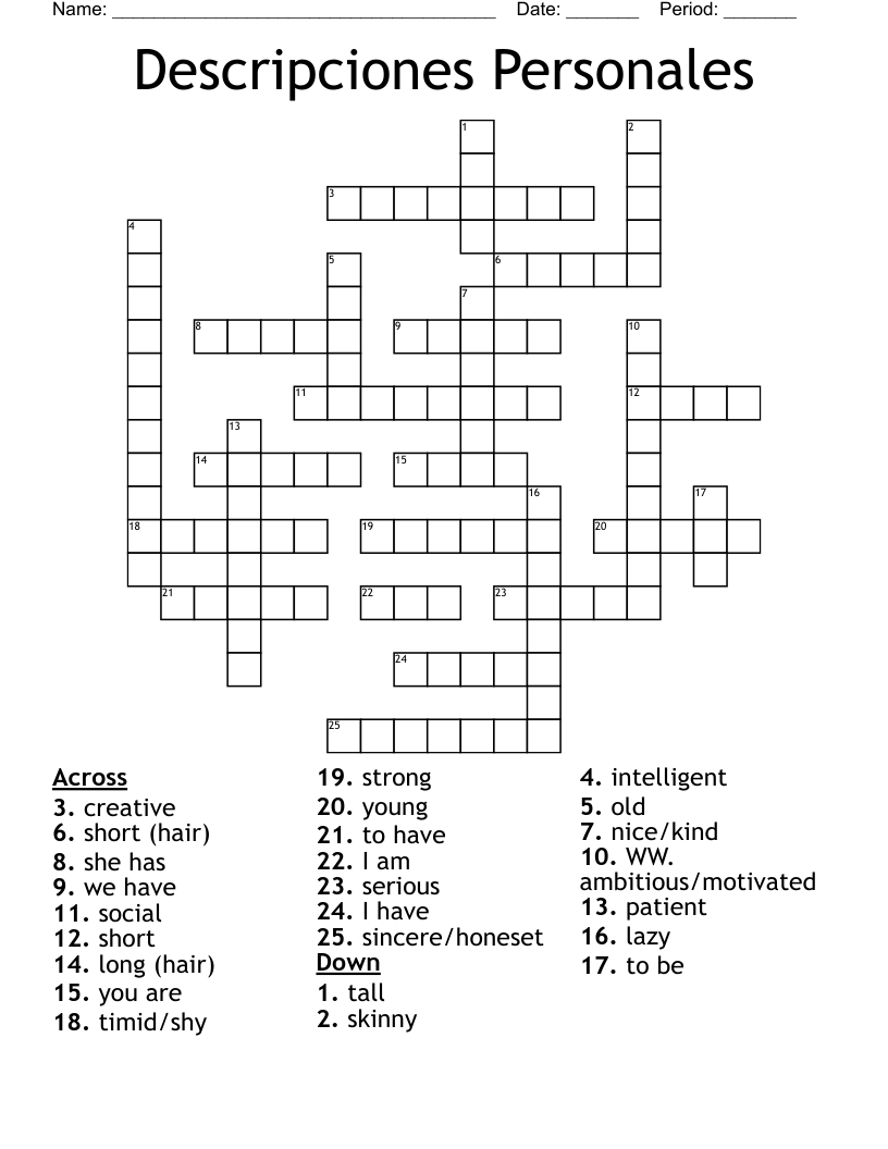 Descripciones Personales	 Crossword