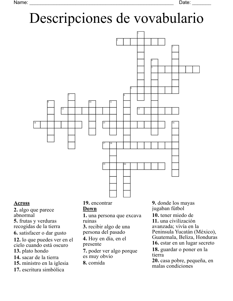 Descripciones de vovabulario Crossword