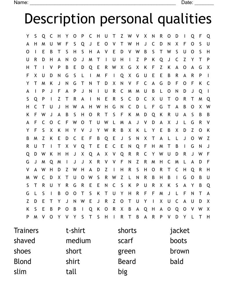 Description personal qualities Word Search
