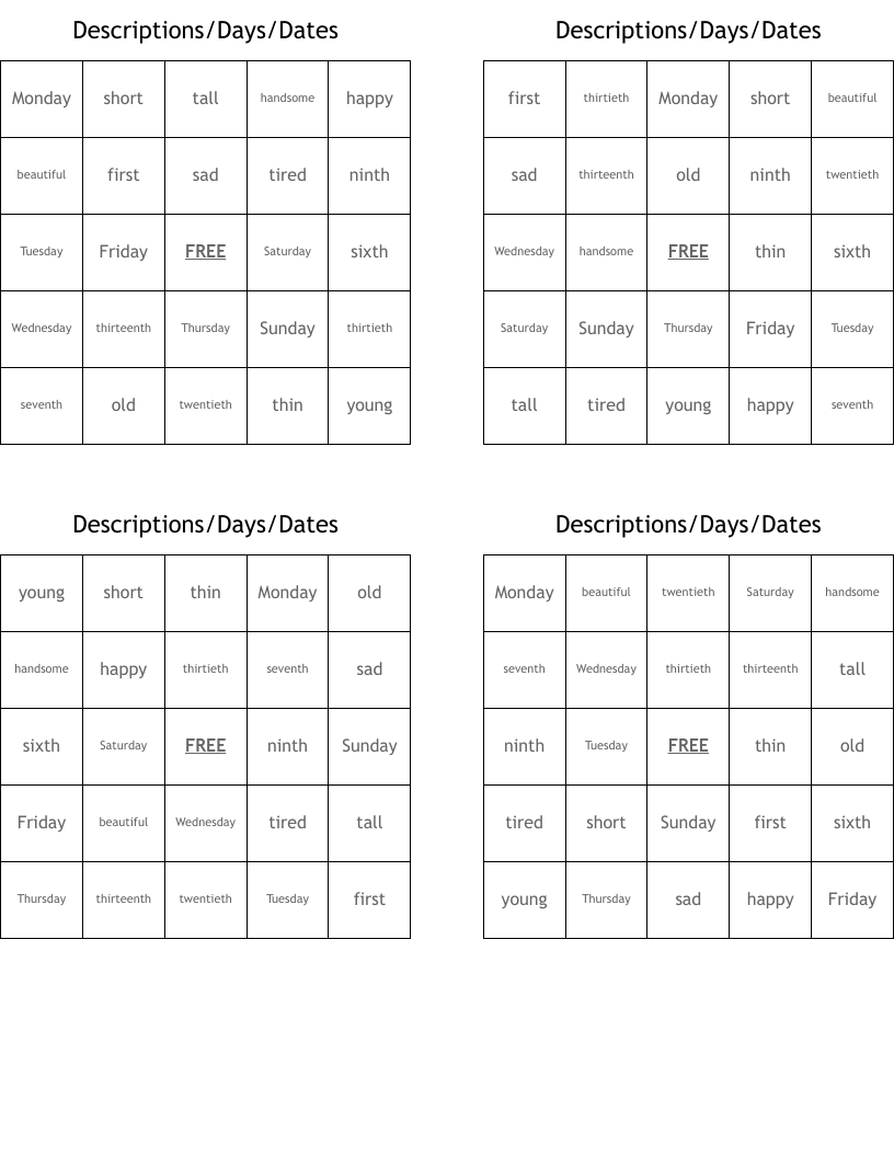 Descriptions/Days/Dates Bingo Cards