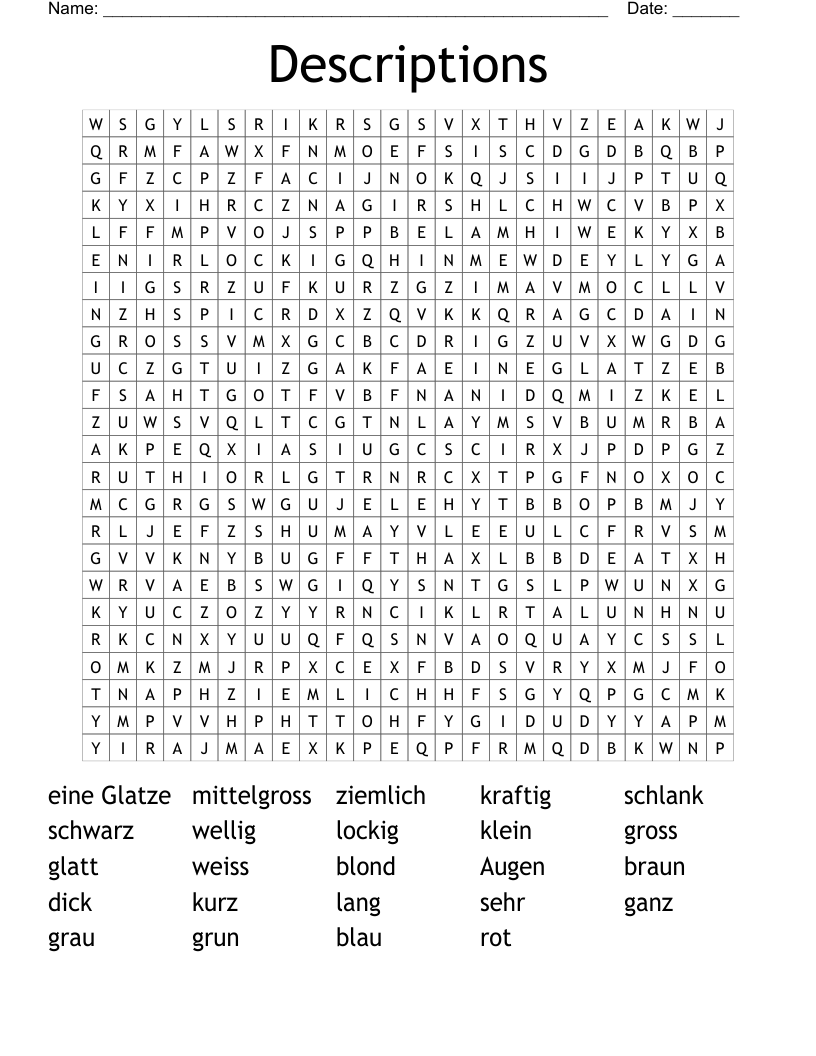 Descriptions Word Search