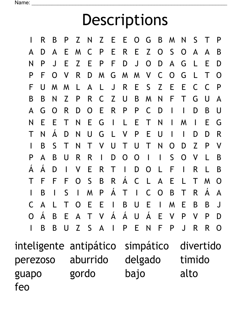 Descriptions Word Search