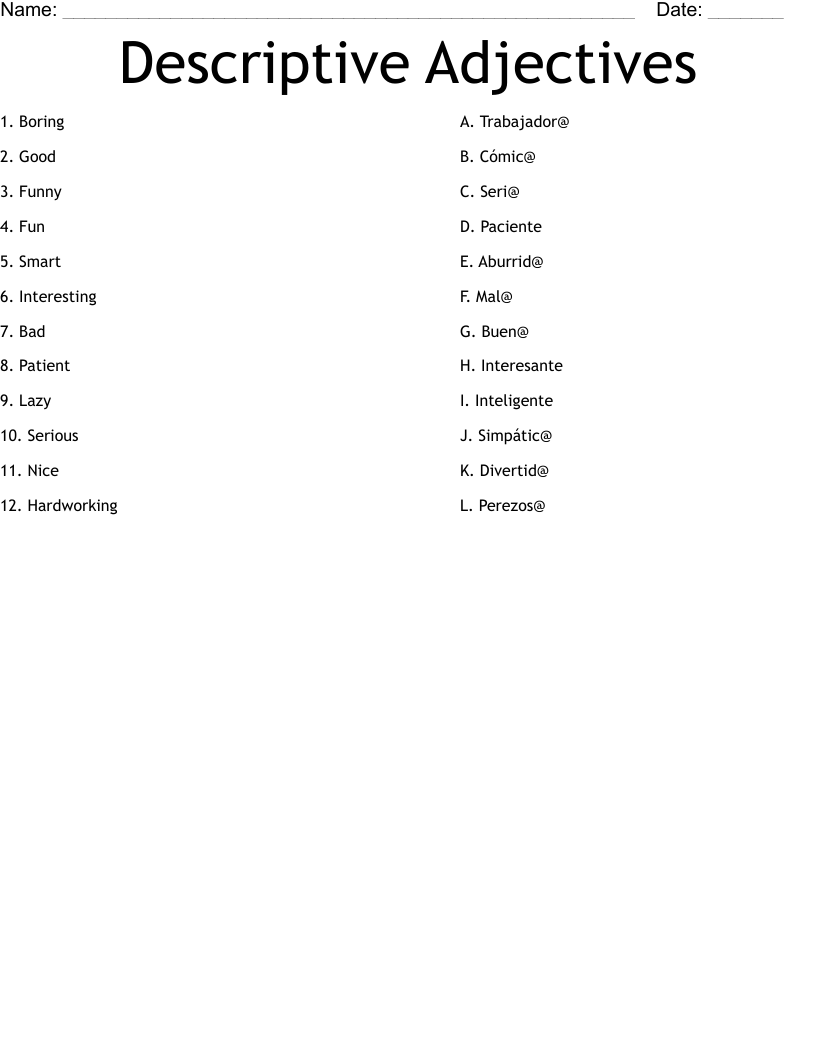 Descriptive Adjectives Worksheet