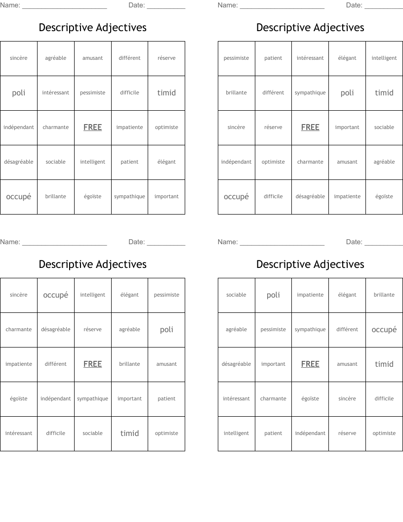 Descriptive Adjectives Bingo Cards