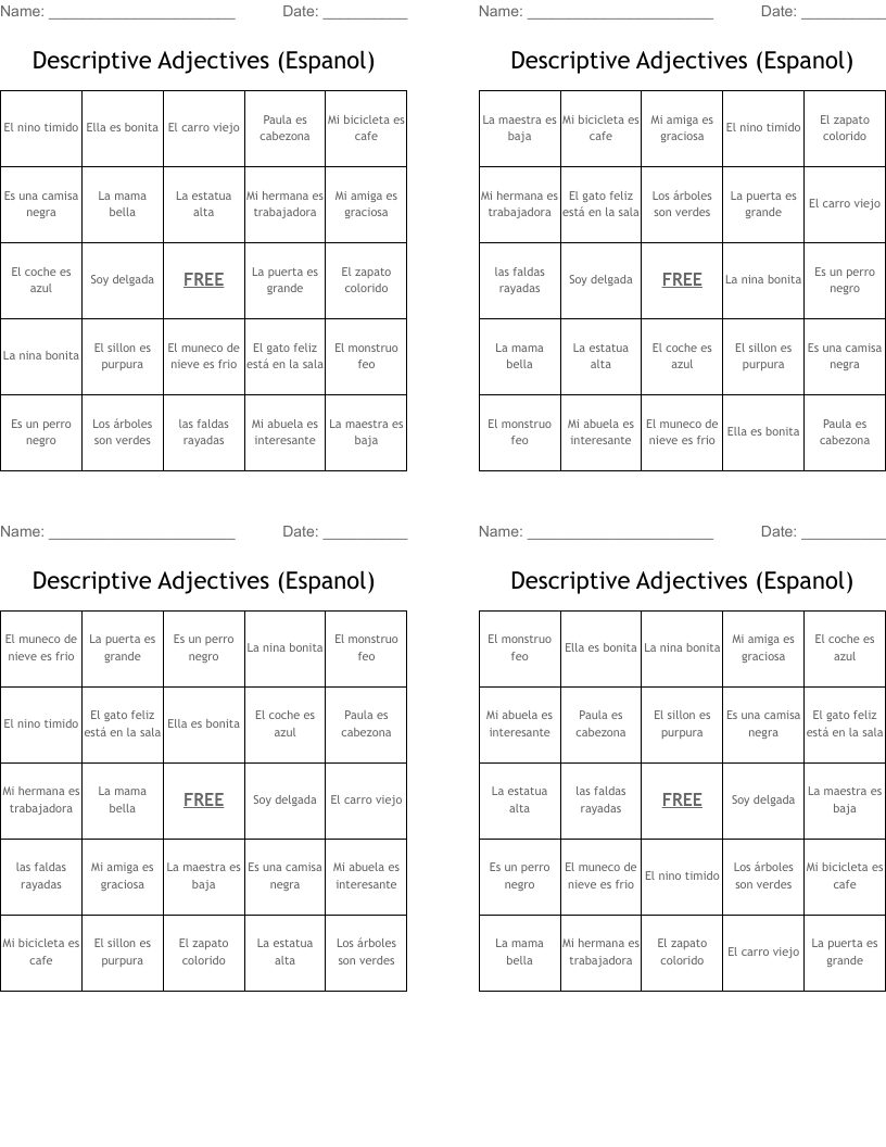 Descriptive Adjectives (Espanol) Bingo Cards
