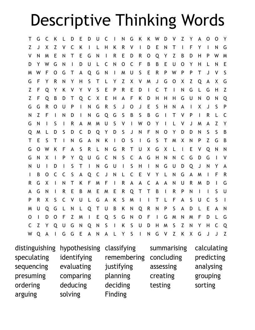 Descriptive Thinking Words Word Search