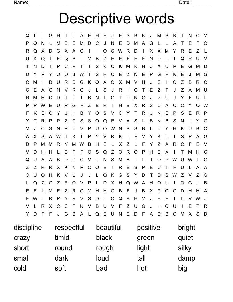Descriptive words Word Search