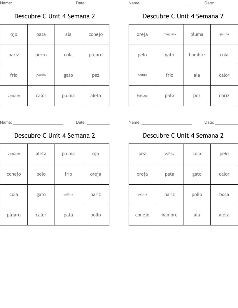 Descubre C Unit 4 Semana 2 Bingo Cards