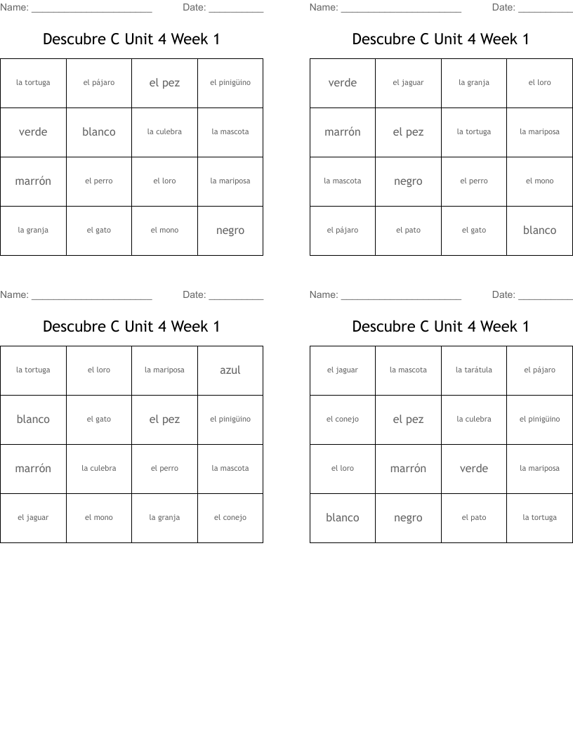 Descubre C Unit 4 Week 1 Bingo Cards