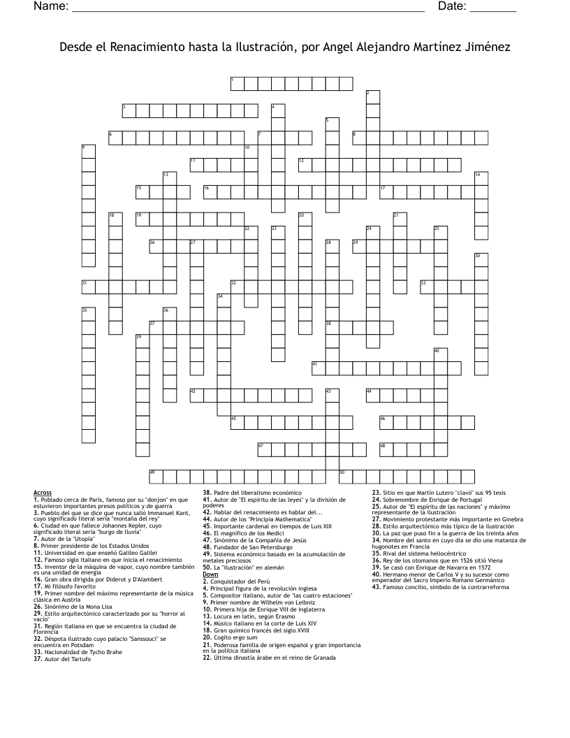 Desde el Renacimiento hasta la Ilustración, por Angel Alejandro Martínez Jiménez Crossword