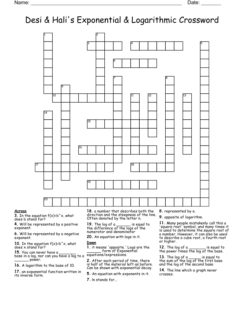 Desi & Hali's Exponential & Logarithmic Crossword