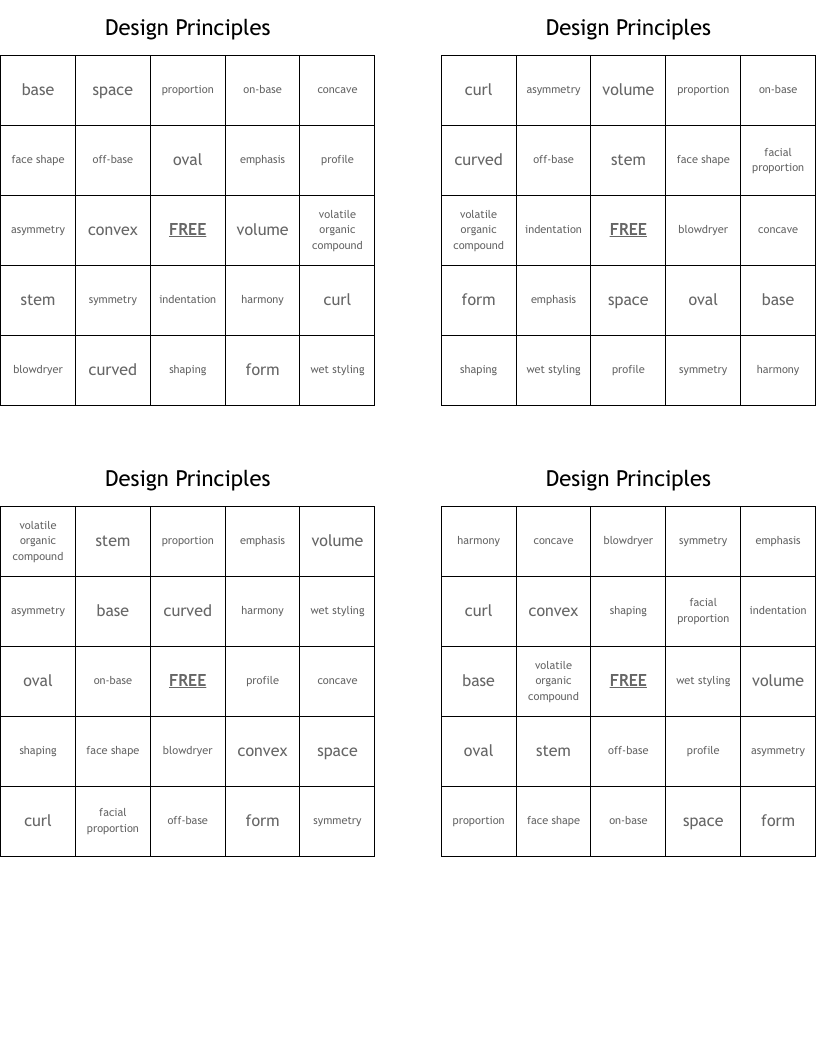 Design Principles  Bingo Cards