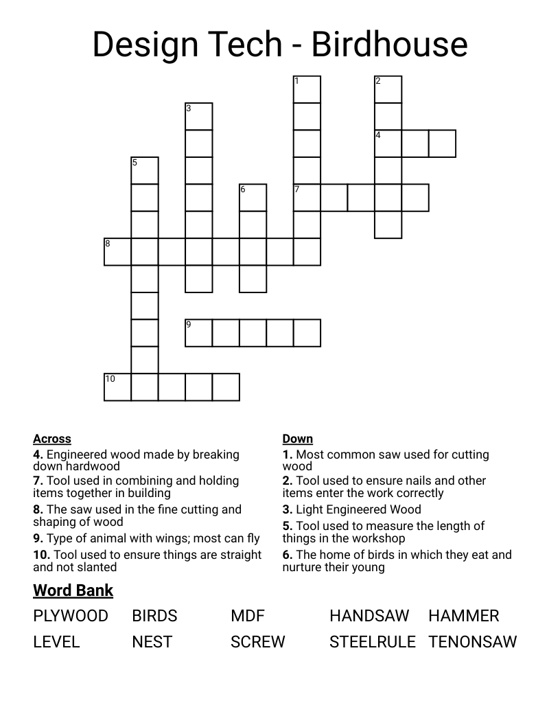 Design Tech - Birdhouse Crossword