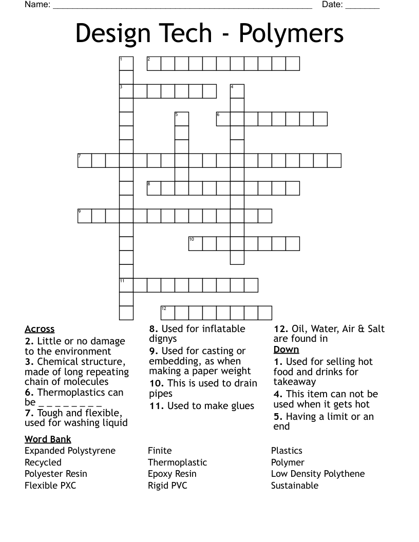 Design Tech - Polymers Crossword